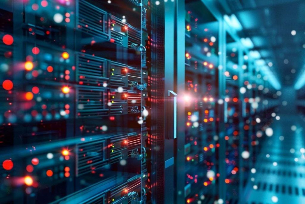 Vue intérieure de racks serveurs multicolores