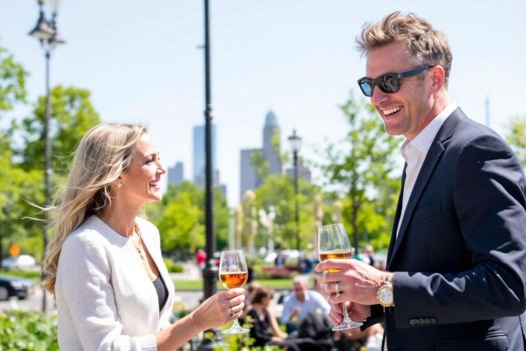 Deux personnes dégustant un verre de vin en ville